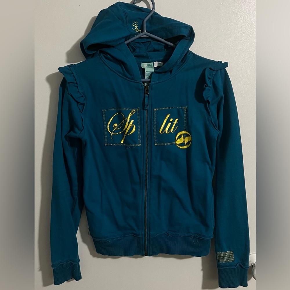 Split hoodie. Teal blue and yellow. Size M.